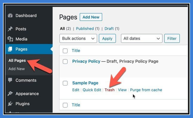 Delete the Sample pages from newly installed wordpress site- 2