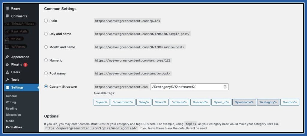 Permalink Structure setting on WordPress