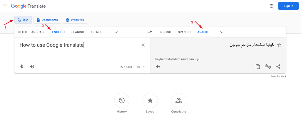 An example on how to translate text from English to Arabic with Google Translate