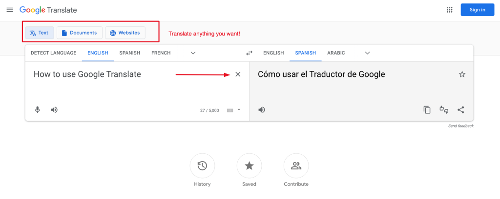 Google Translate interface overview