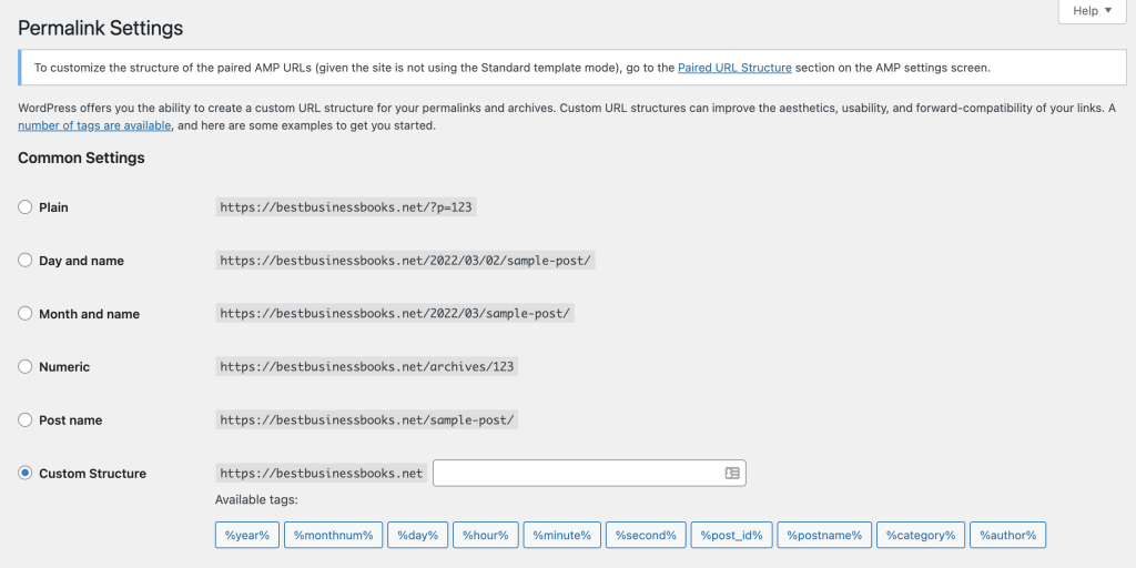 WordPress permalink settings