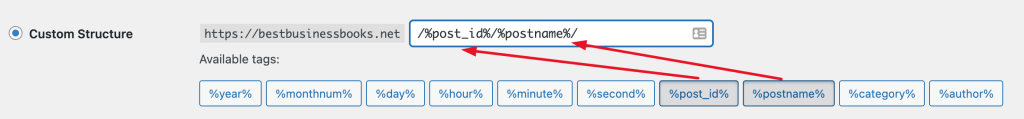 WordPress permalinks settings- custom structure- post id with post name