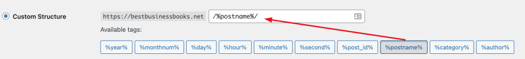 WordPress permalinks settings- custom structure- post name