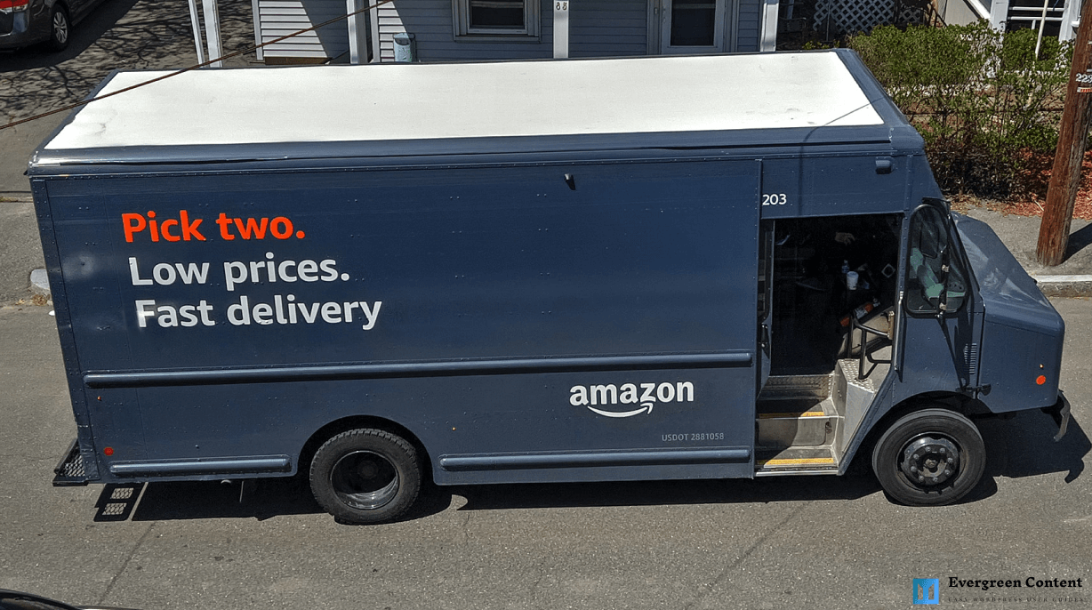 amazon delivery car with a sales copy on it- selling on amazon